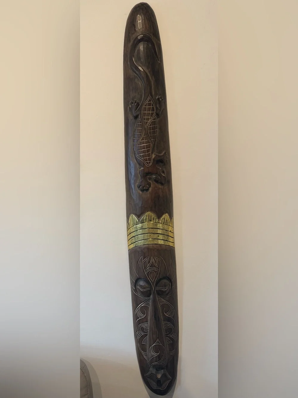 Hand-Carved Tribal Wooden Wall Mask - Dark Brown with Gold Accent